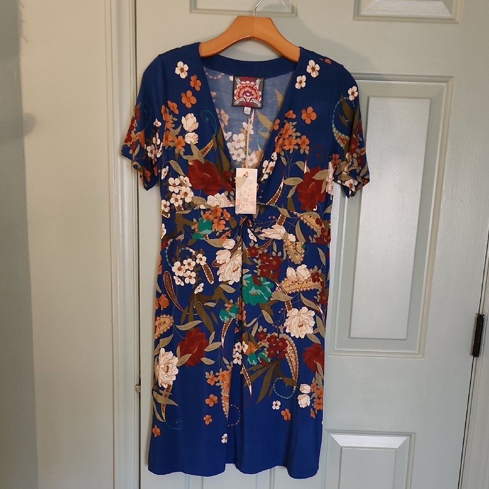 Johnny Was Royal Blue Floral V-Neck Midi Dress